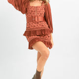 ASOS DESIGN Lace Mini Dress With Pleated Chiffon And Satin Belt In Rust