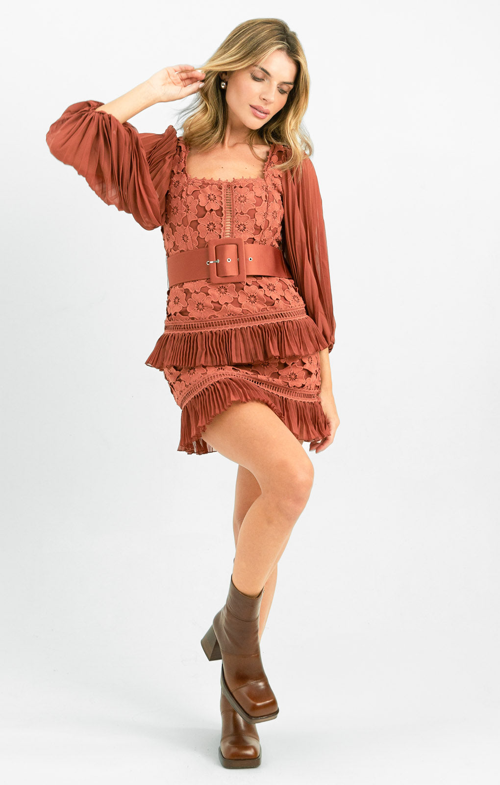 ASOS DESIGN Lace Mini Dress With Pleated Chiffon And Satin Belt In Rust