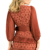 ASOS DESIGN Lace Mini Dress With Pleated Chiffon And Satin Belt In Rust