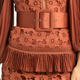 ASOS DESIGN Lace Mini Dress With Pleated Chiffon And Satin Belt In Rust