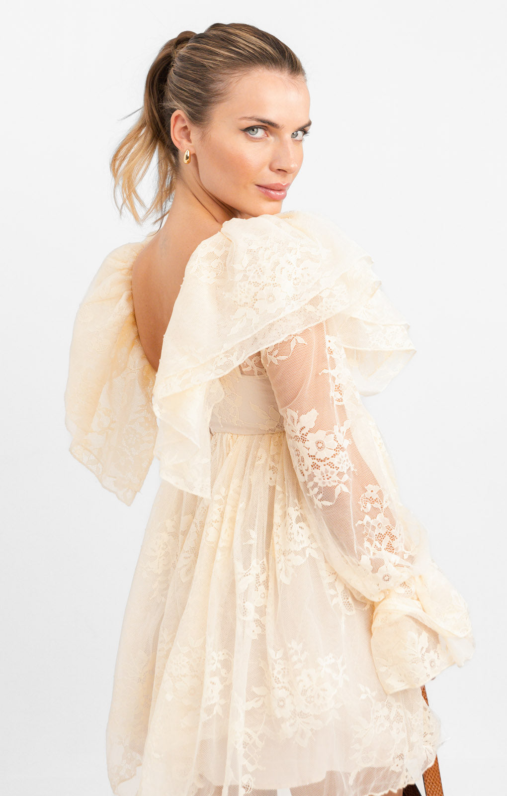 ASOS Luxe Lace Babydoll Mini Dress With Ruffle Shoulders In Blush