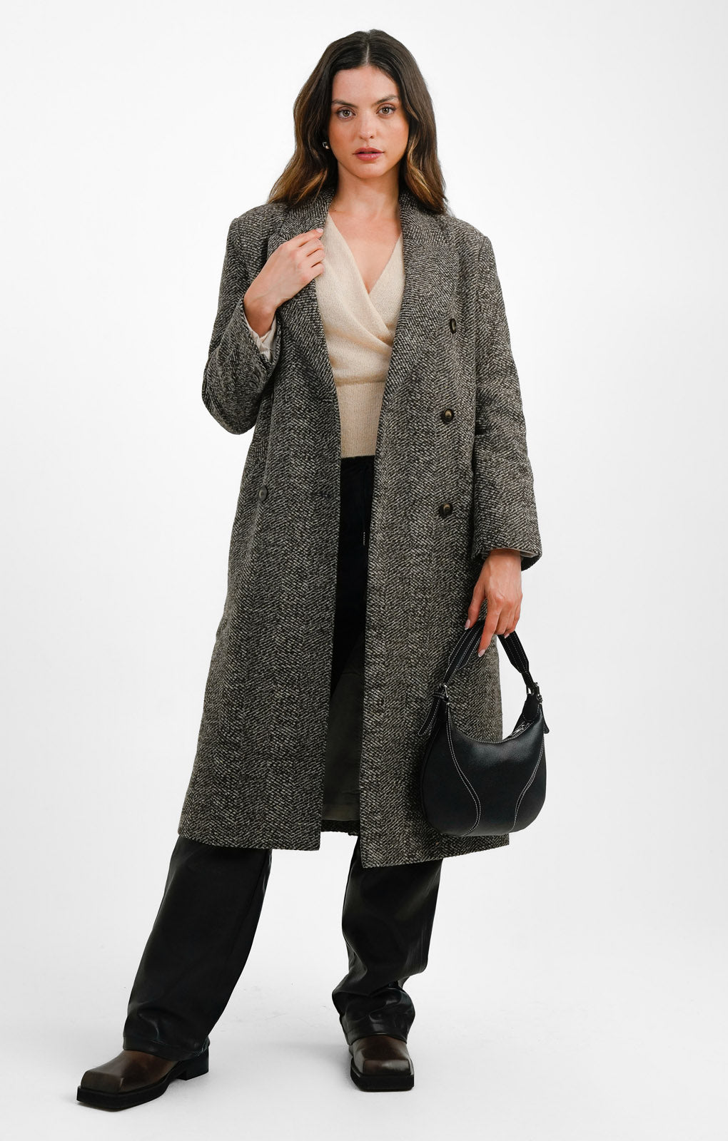 Topshop Herringbone Overcoat In Chocolate