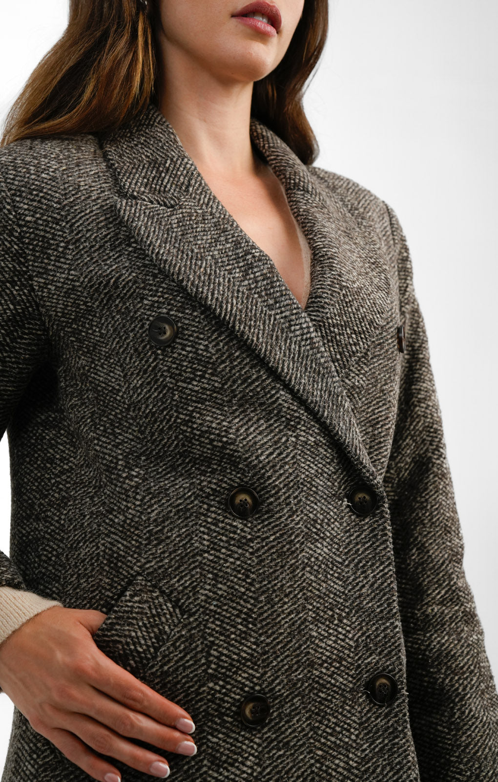 Topshop Herringbone Overcoat In Chocolate