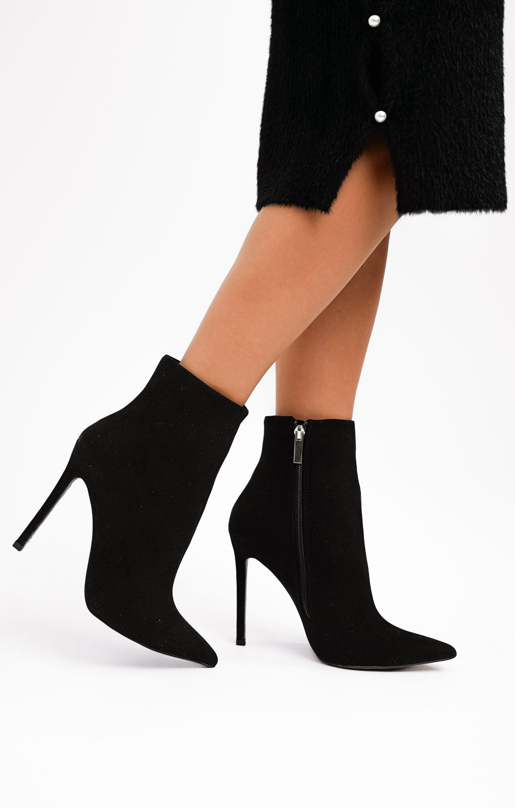 ASOS DESIGN Wide Fit Emerald High Heeled Sock Boots In Black Micro Suede Effect