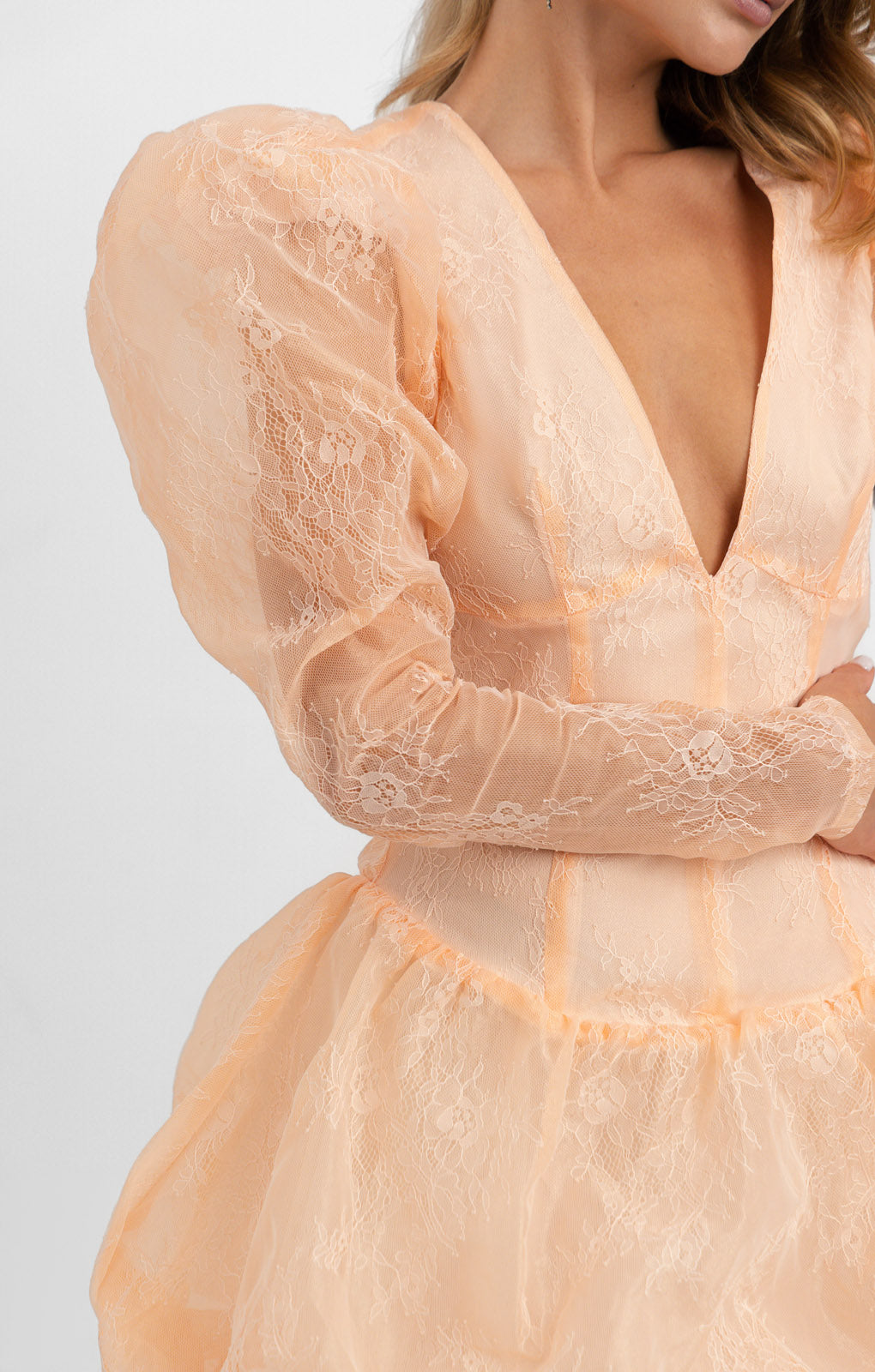 ASOS Luxe Lace Bubble Hem Mini Dress With Puff Sleeves In Pink