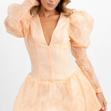 ASOS Luxe Lace Bubble Hem Mini Dress With Puff Sleeves In Pink