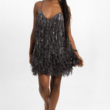 ASOS EDITION Faux Feather & Sequin Mini Dress With Low Back In Charcoal