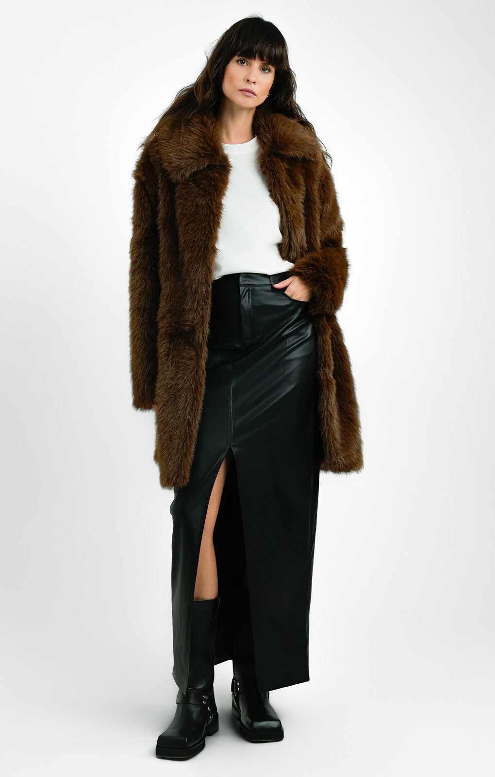 Topshop Tall Oversized Faux Fur Coat In Chocolate