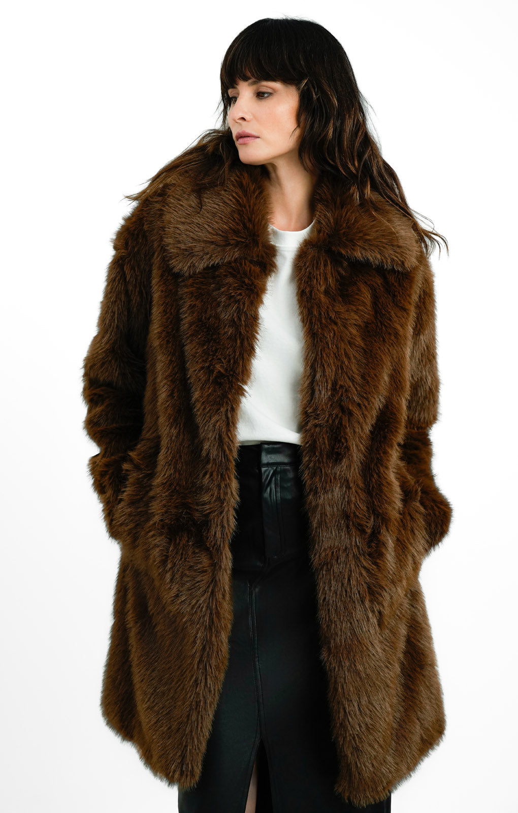 Topshop Tall Oversized Faux Fur Coat In Chocolate