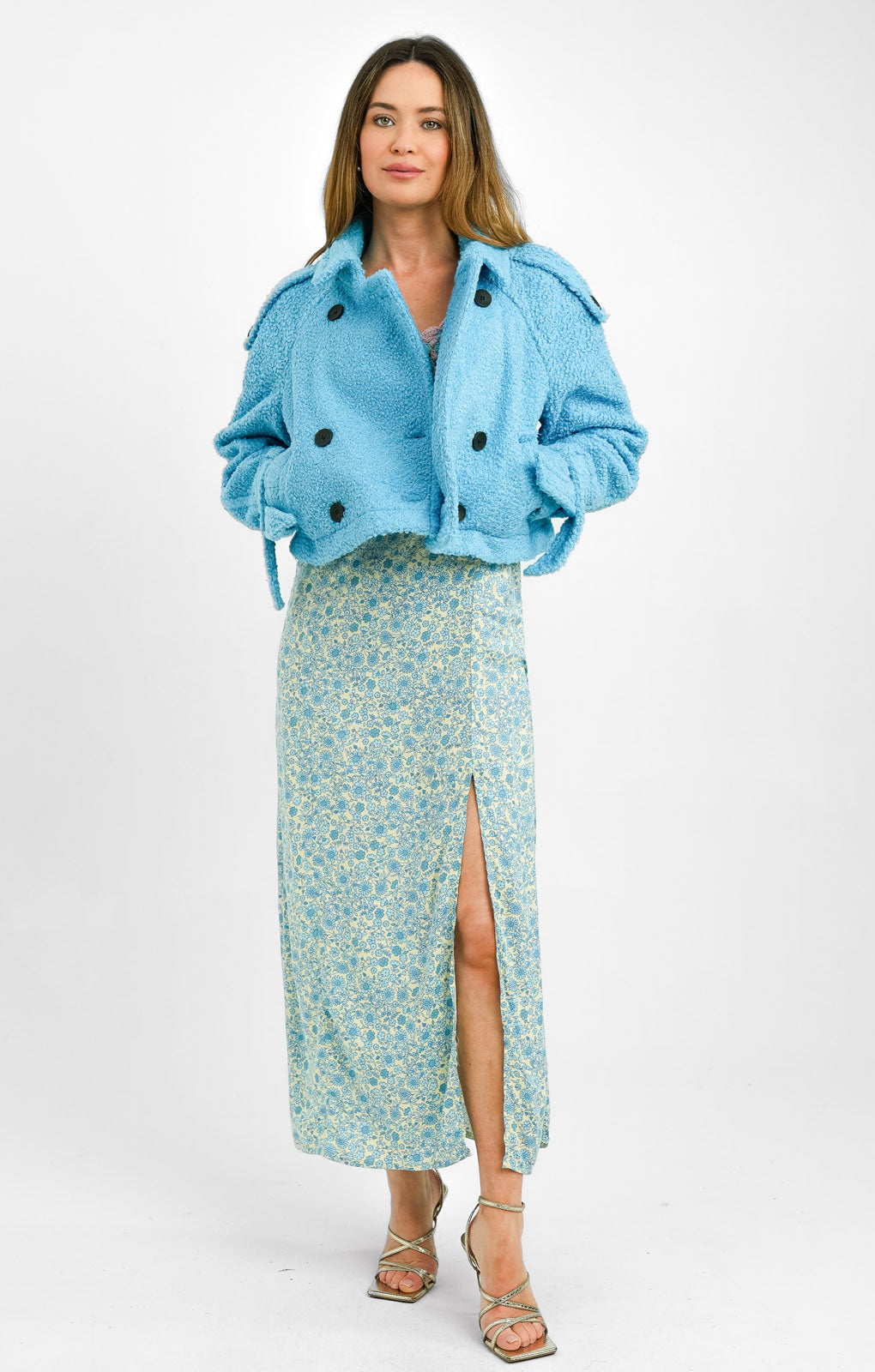 Topshop Petite Cropped Boucle Trench In Blue