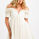 ASOS DESIGN Off Shoulder Organza Mini Dress With Ruffle Bodice Detail In Stone