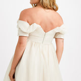 ASOS DESIGN Off Shoulder Organza Mini Dress With Ruffle Bodice Detail In Stone