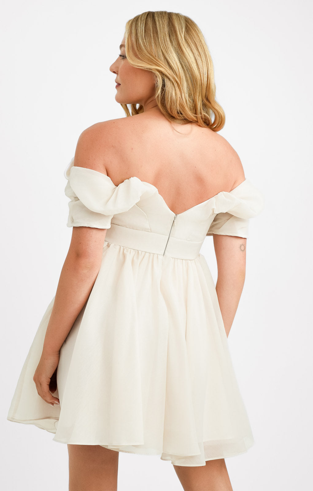 ASOS DESIGN Off Shoulder Organza Mini Dress With Ruffle Bodice Detail In Stone