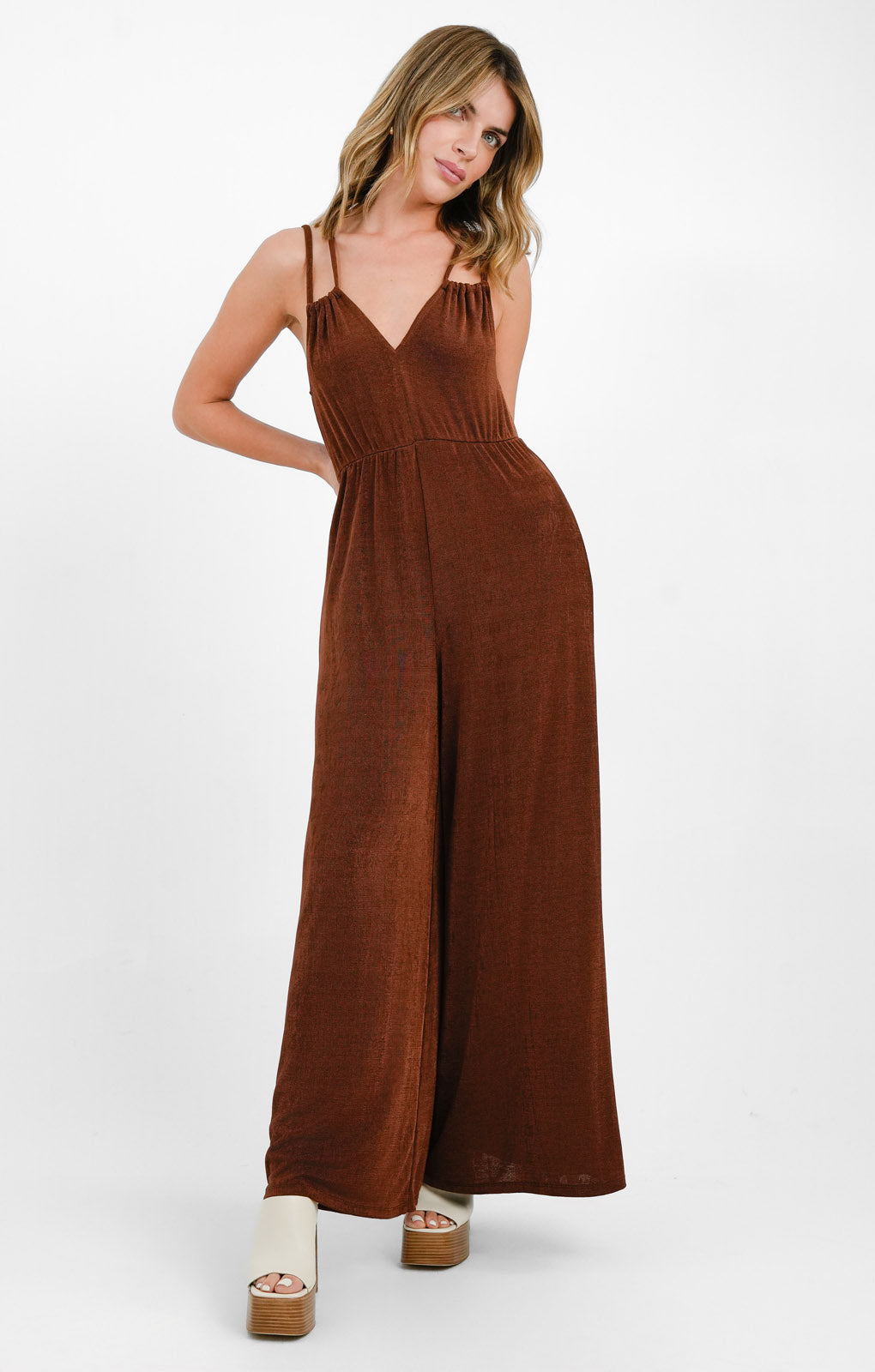 Topshop V Front Cut Out Jumpsuit In Chocolate