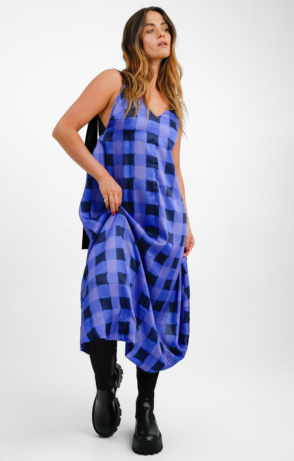 Topshop Grosgrain Contrast Strap Blurred Check Midi Slip Dress In Blue