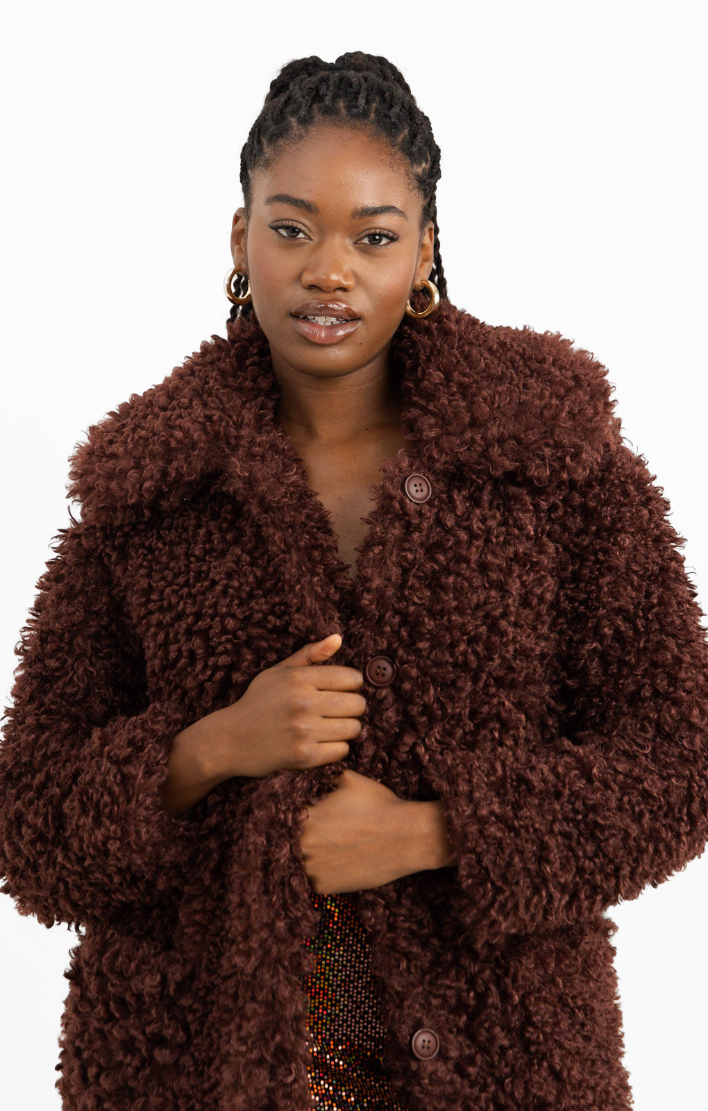 Miss Selfridge Fluffy Borg Coat In Chocolate