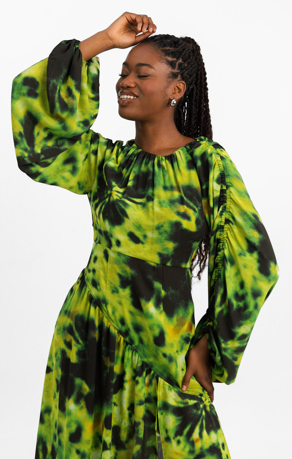 Topshop Ruched Acid Print Midi Dress In Lime