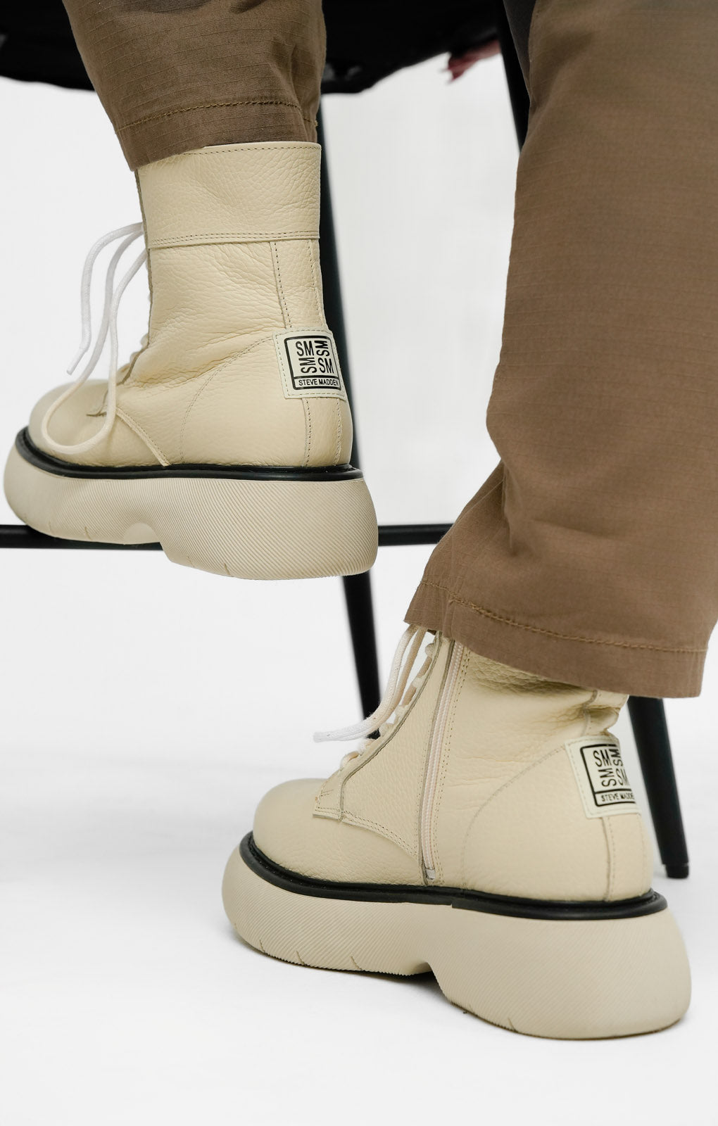 Steve Madden Wanny Lace Front Chunky Boots In Bone Leather