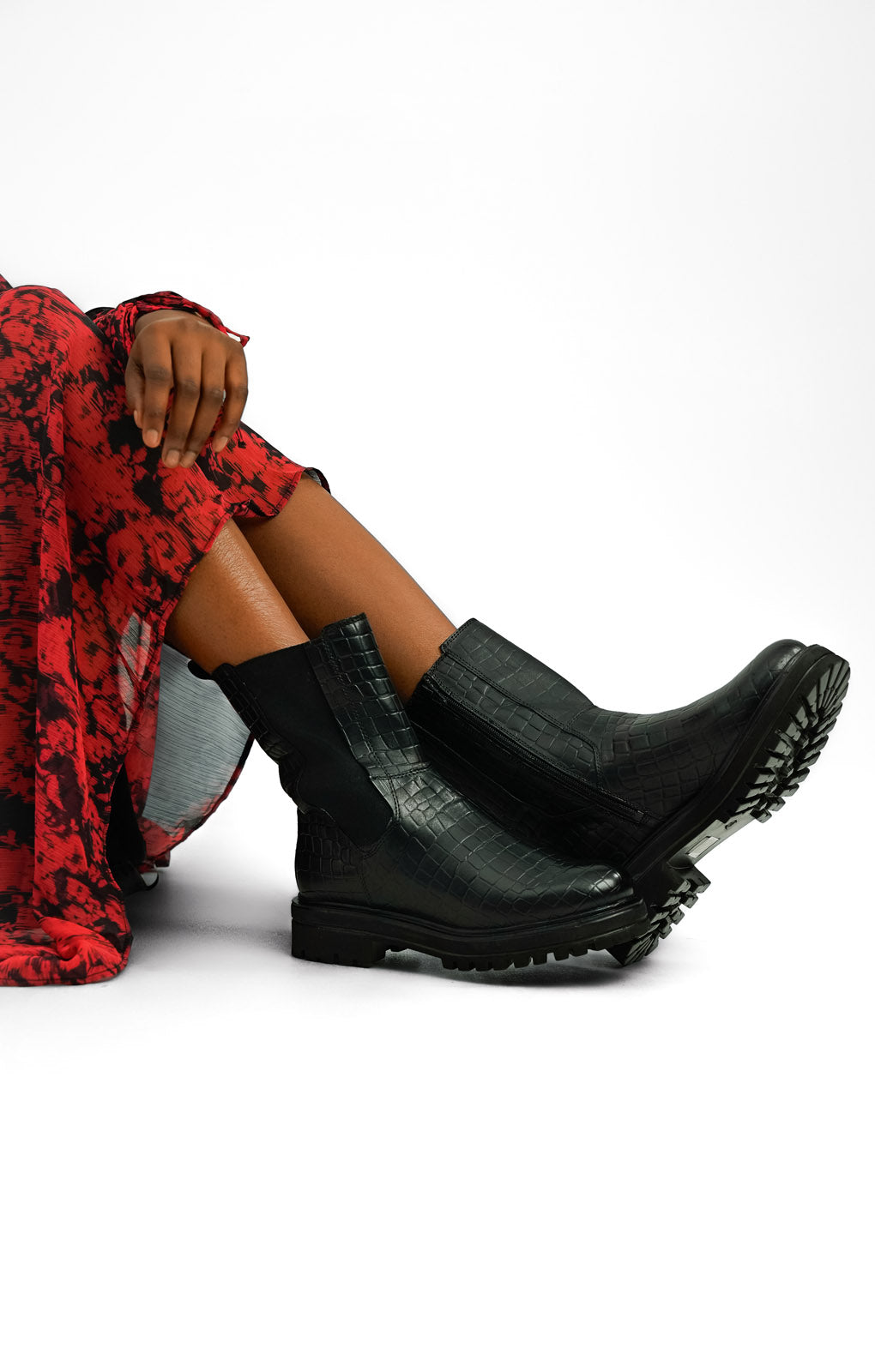 London Rebel Leather Chunky Chelsea Boot In Black Croc