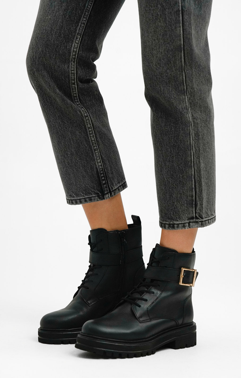 London Rebel Leather Buckle Lace Up In Black