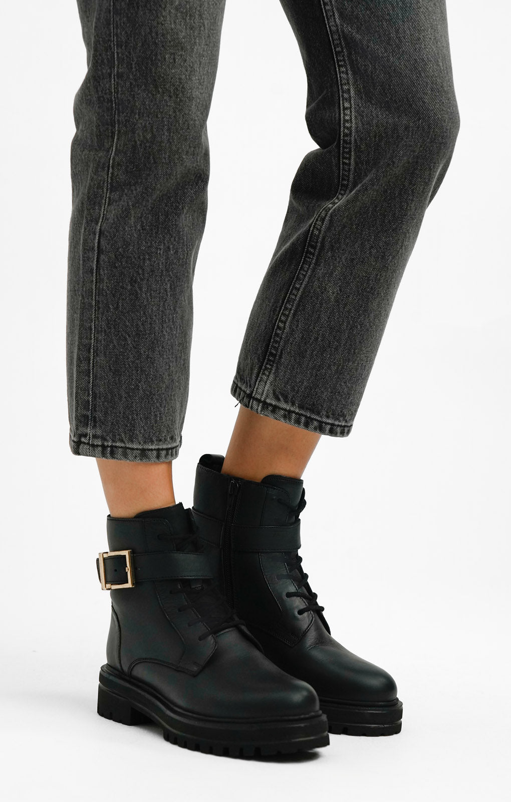 London Rebel Leather Buckle Lace Up In Black