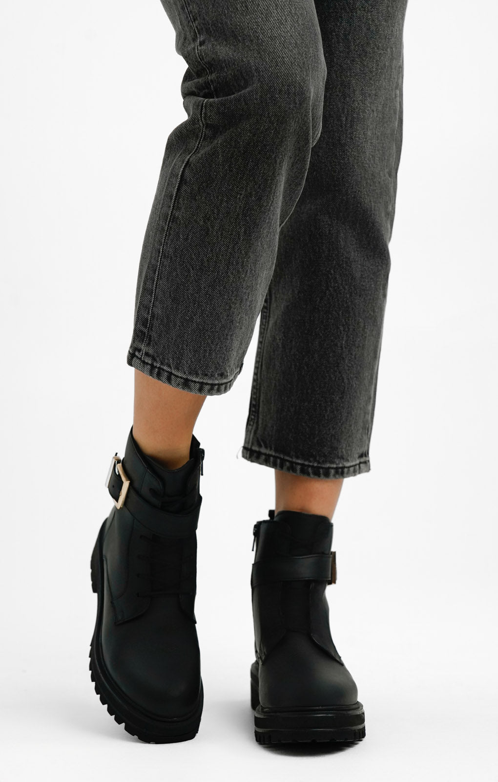 London Rebel Leather Buckle Lace Up In Black