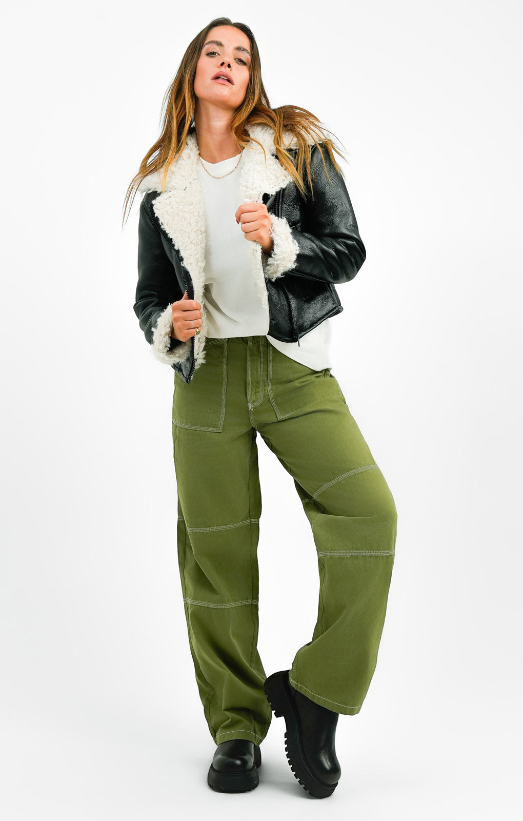 Topshop Workwear Straight Leg Trouser With Fold Over Waistband Detail In Khaki