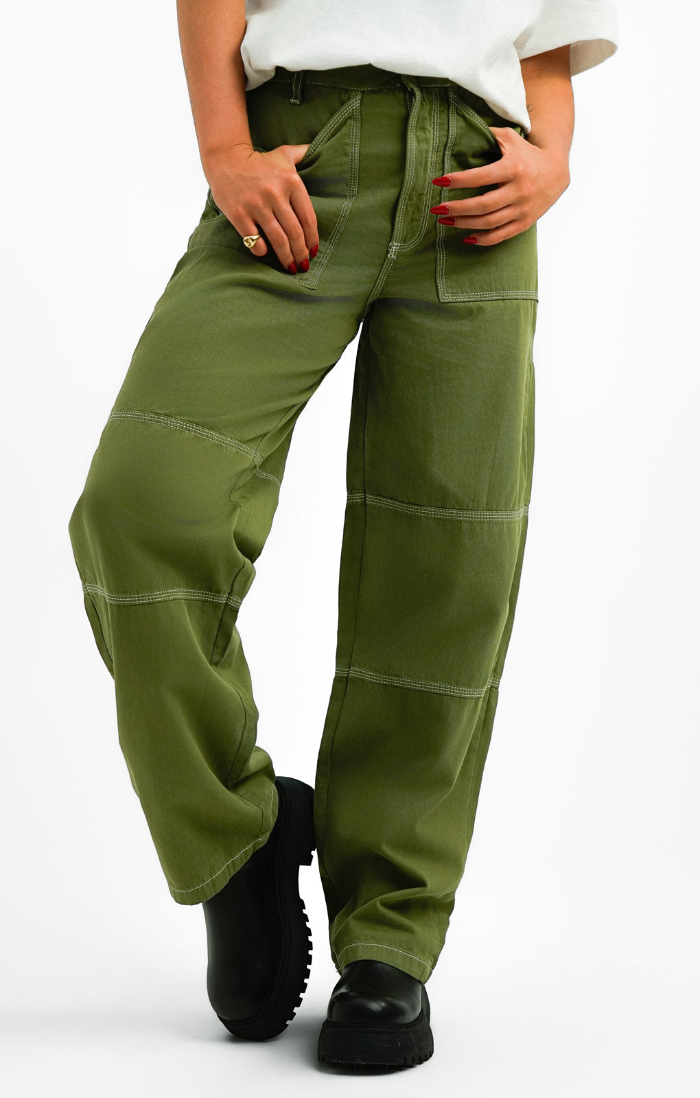 Topshop Workwear Straight Leg Trouser With Fold Over Waistband Detail In Khaki