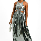 Topshop Metallic Keyhole Elasticated Maxi Dress In Silver