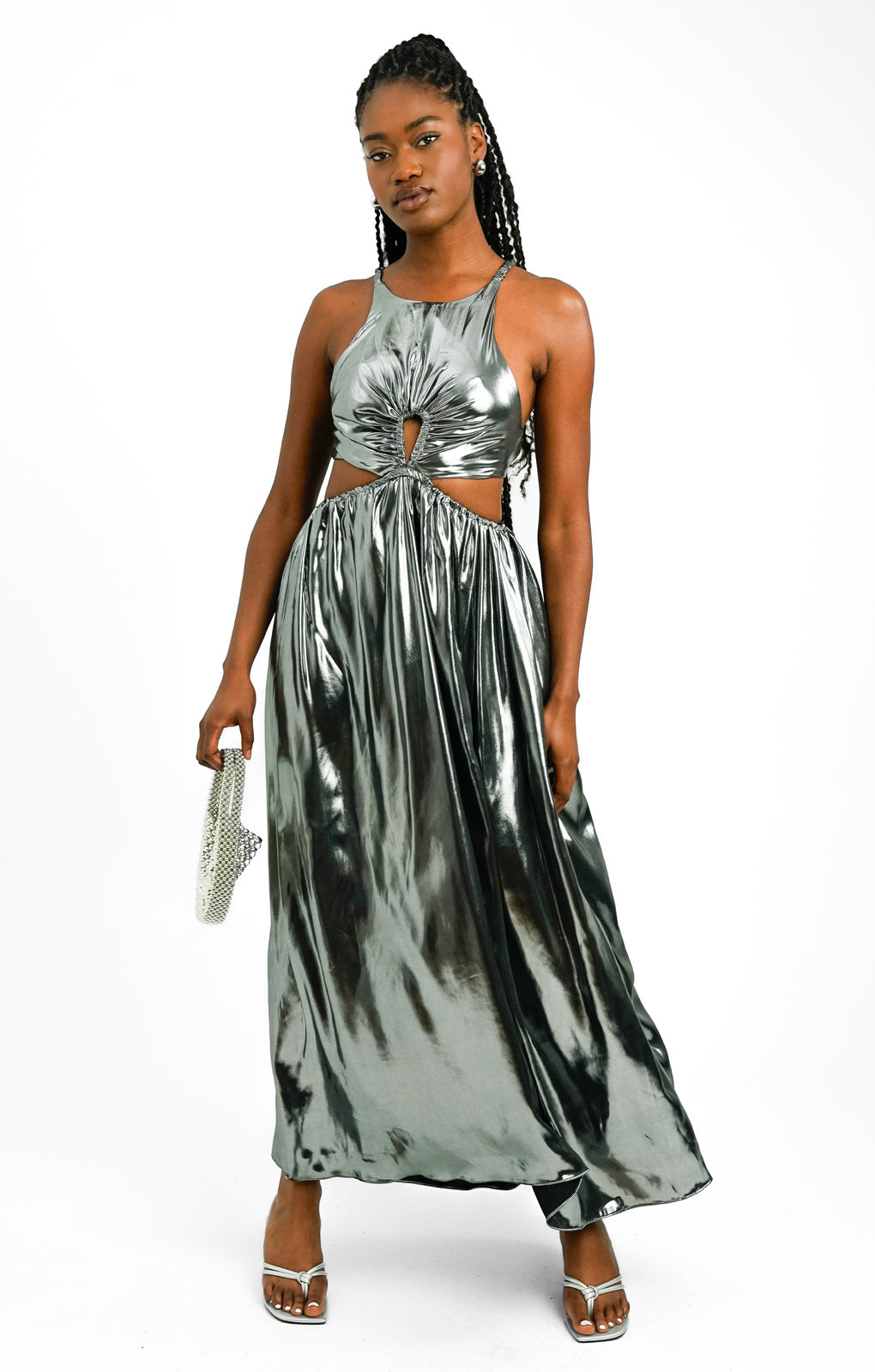 Topshop Metallic Keyhole Elasticated Maxi Dress In Silver