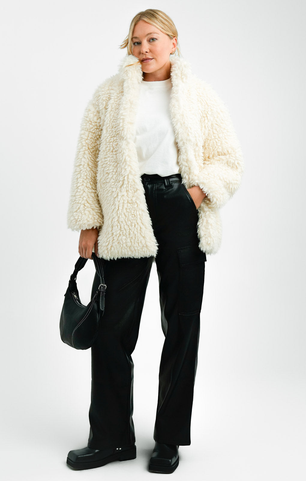 QED London Oversized Borg Coat In Ivory