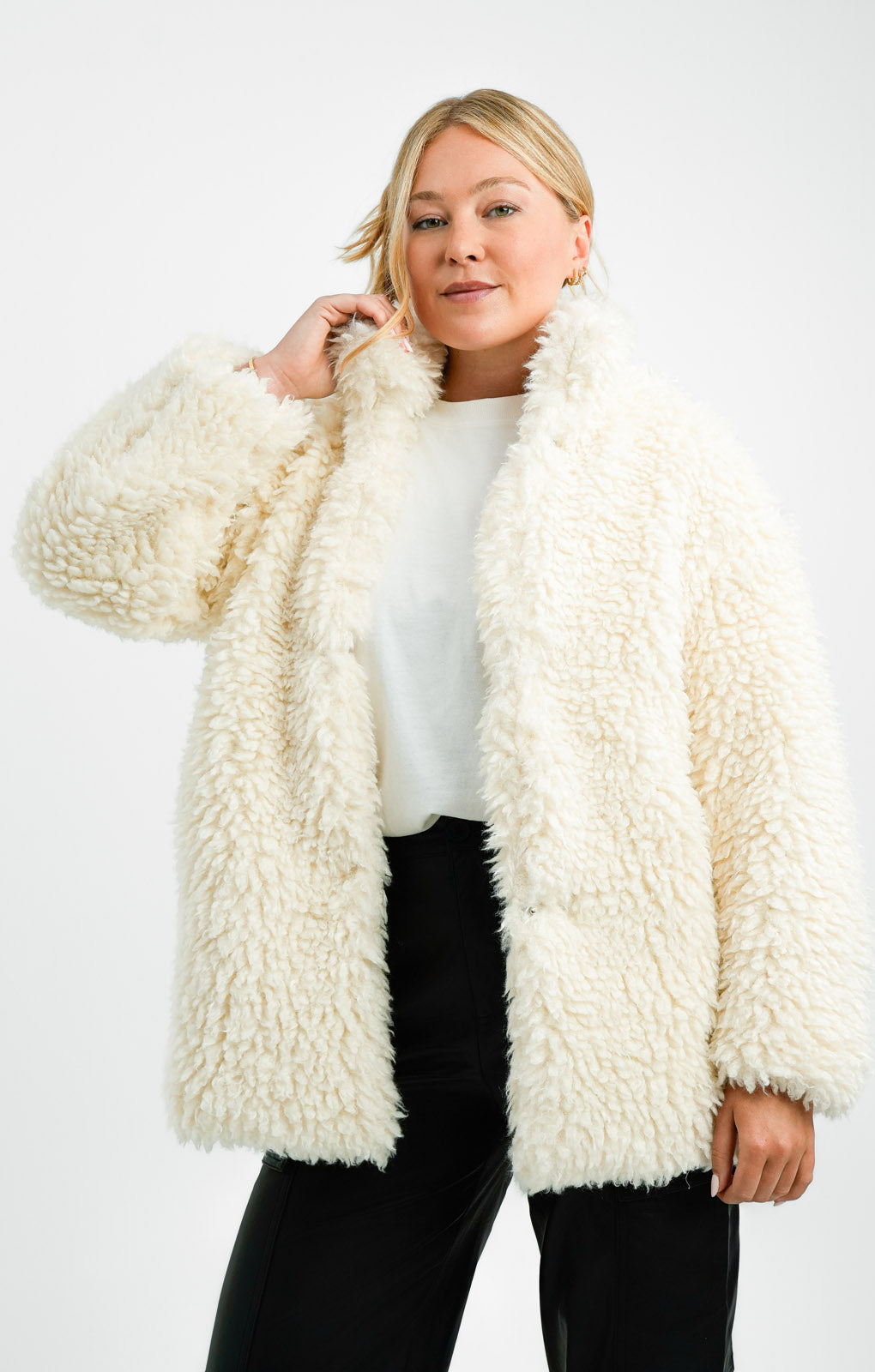 QED London Oversized Borg Coat In Ivory