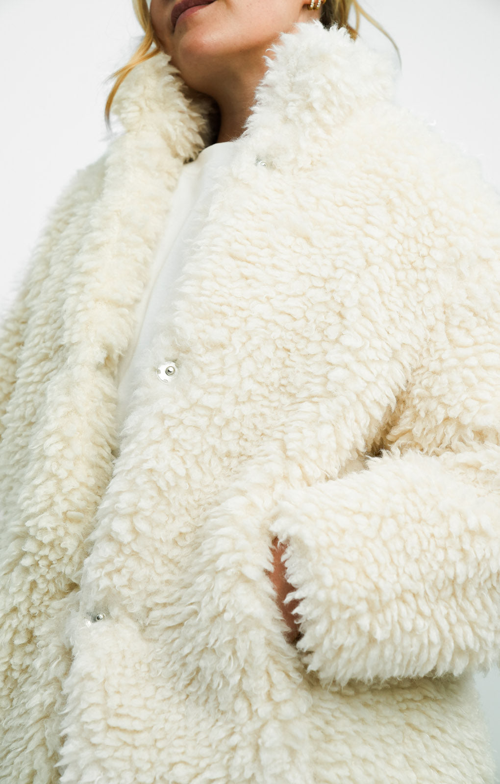 QED London Oversized Borg Coat In Ivory