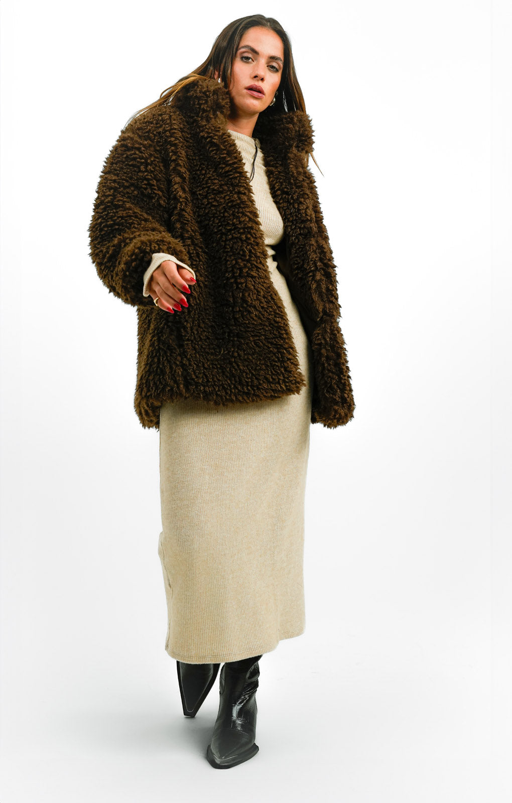 QED London Oversized Borg Coat In Chocolate Brown