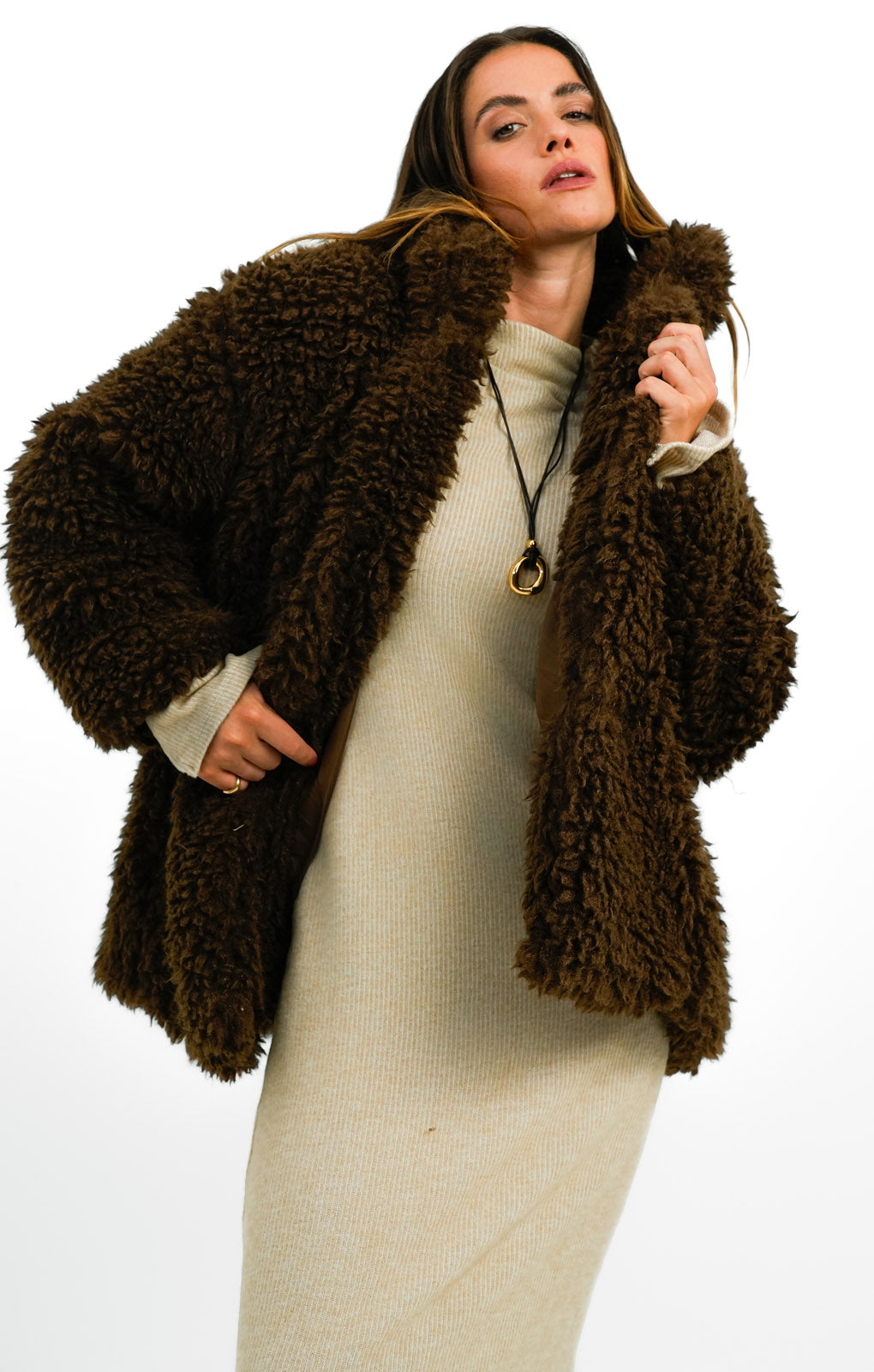 QED London Oversized Borg Coat In Chocolate Brown