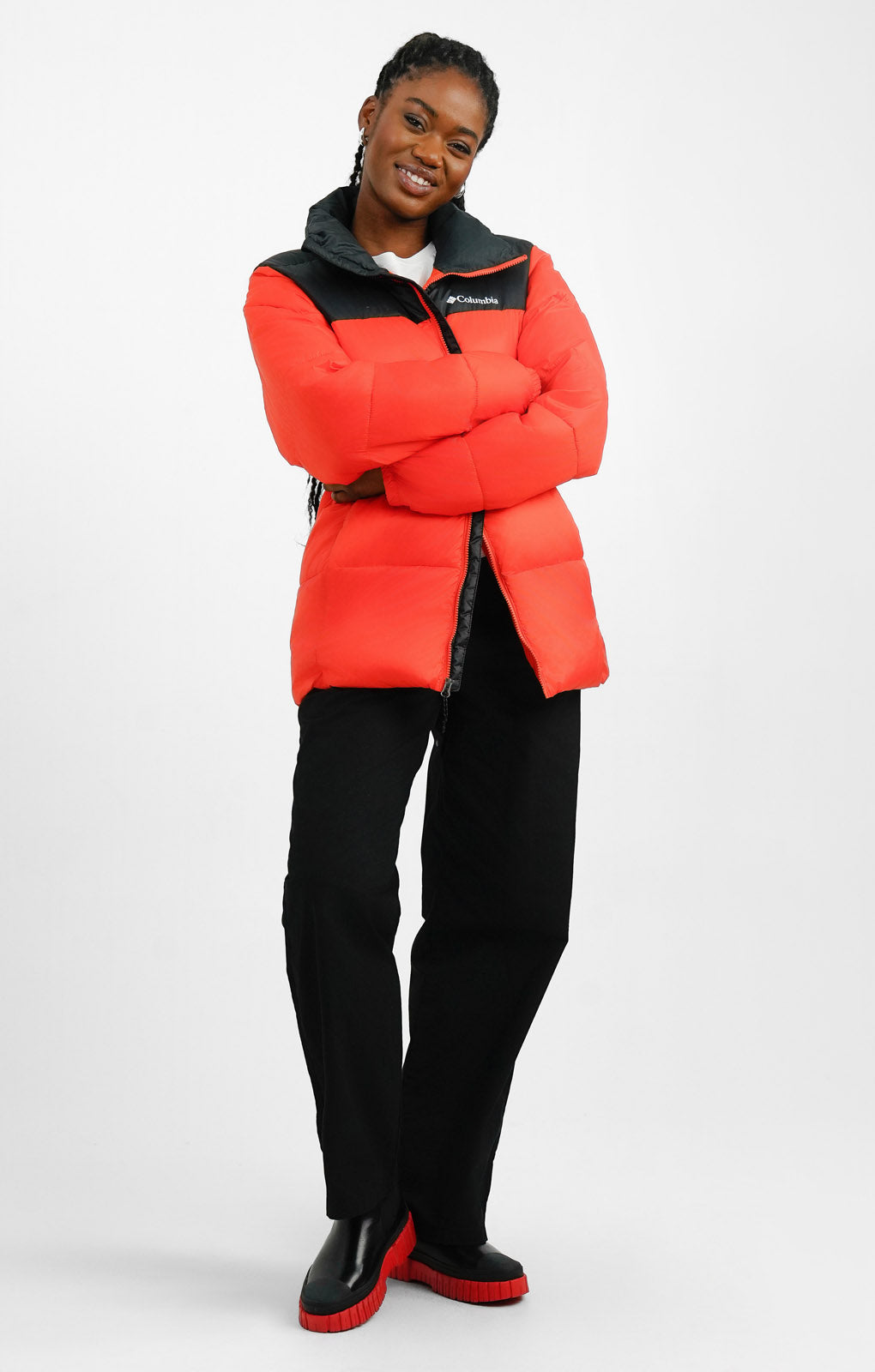 Columbia Puffect Puffer Jacket In Black And Red – coats & jackets by Columbia, available to rent from Hirestreet