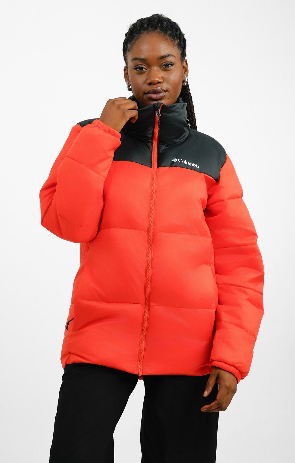 Columbia Puffect Puffer Jacket In Black And Red – coats & jackets by Columbia, available to rent from Hirestreet