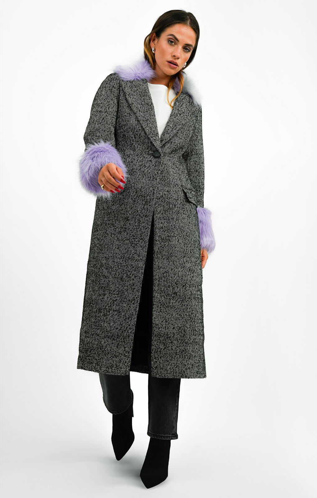 Miss Selfridge Faux Fur Collar And Shoulder Herringbone Longline Coat