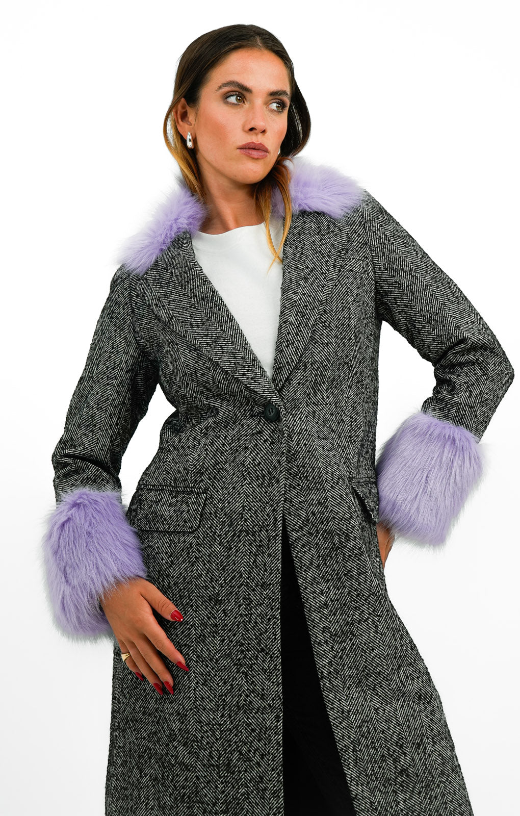 Miss Selfridge Faux Fur Collar And Shoulder Herringbone Longline Coat