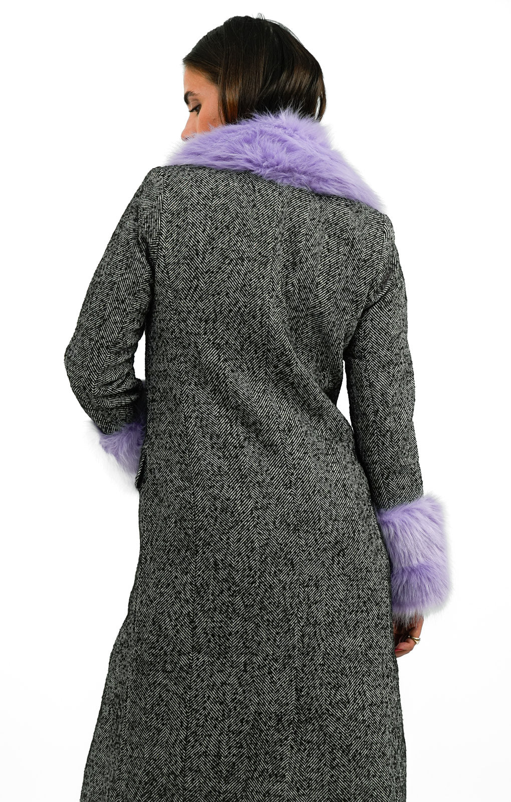 Miss Selfridge Faux Fur Collar And Shoulder Herringbone Longline Coat