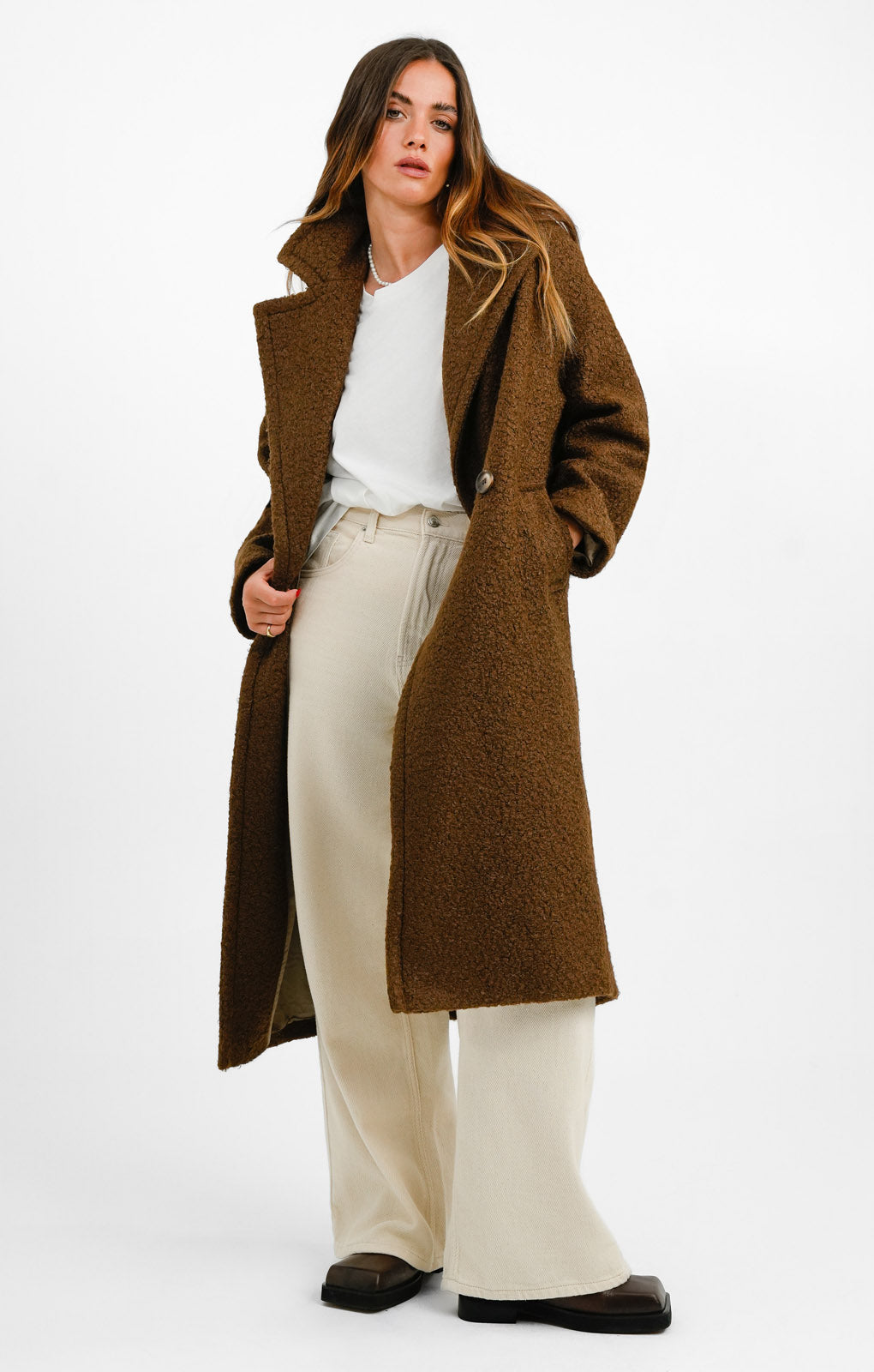 Helene Berman Double Breasted Boucle Coat In Brown