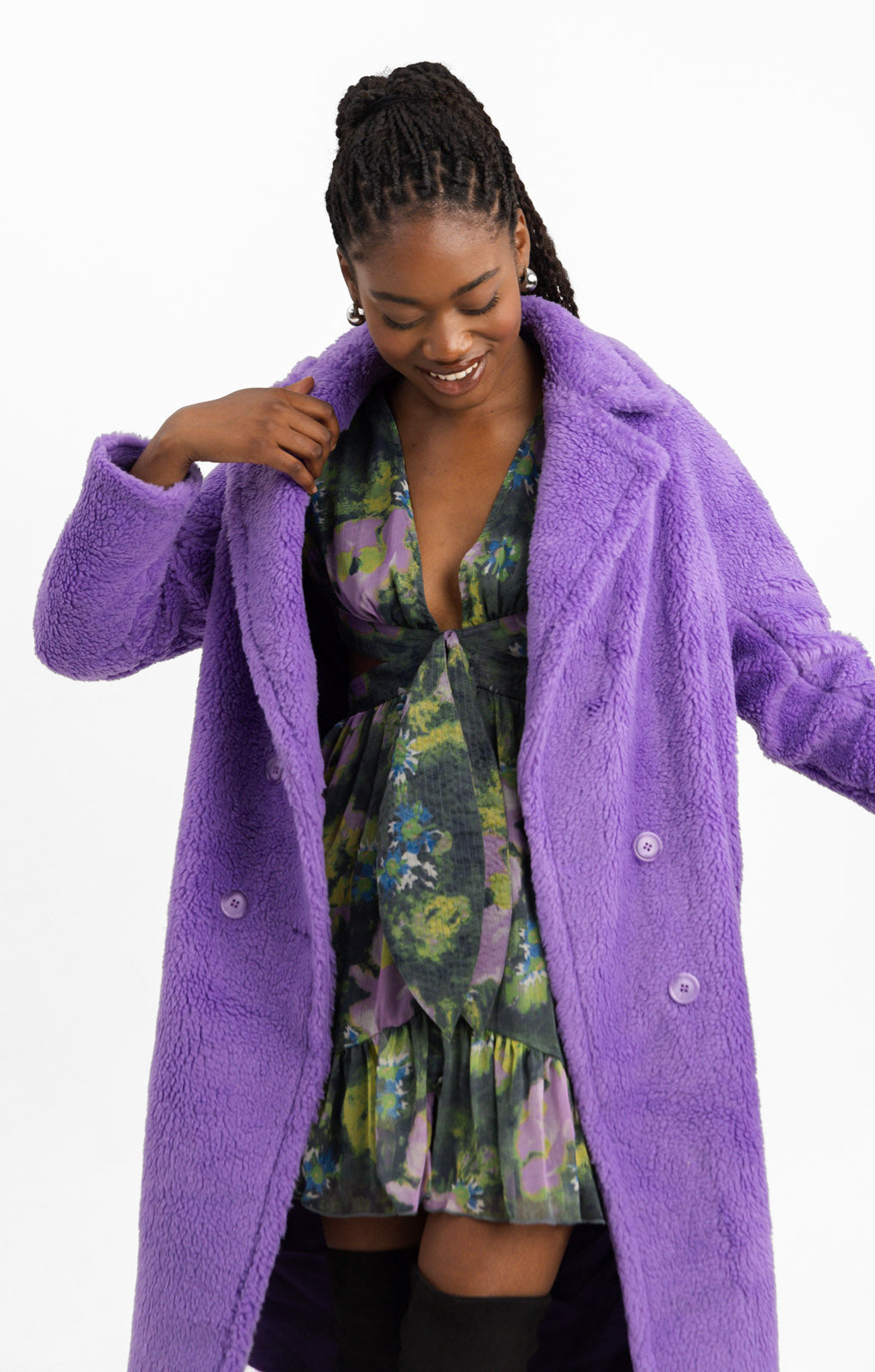 Helene Berman Double Breasted Teddy Coat In Purple