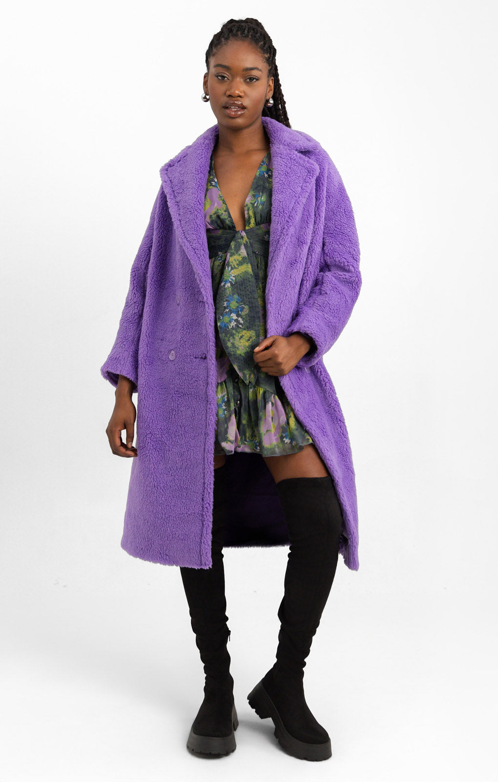 Helene Berman Double Breasted Teddy Coat In Purple
