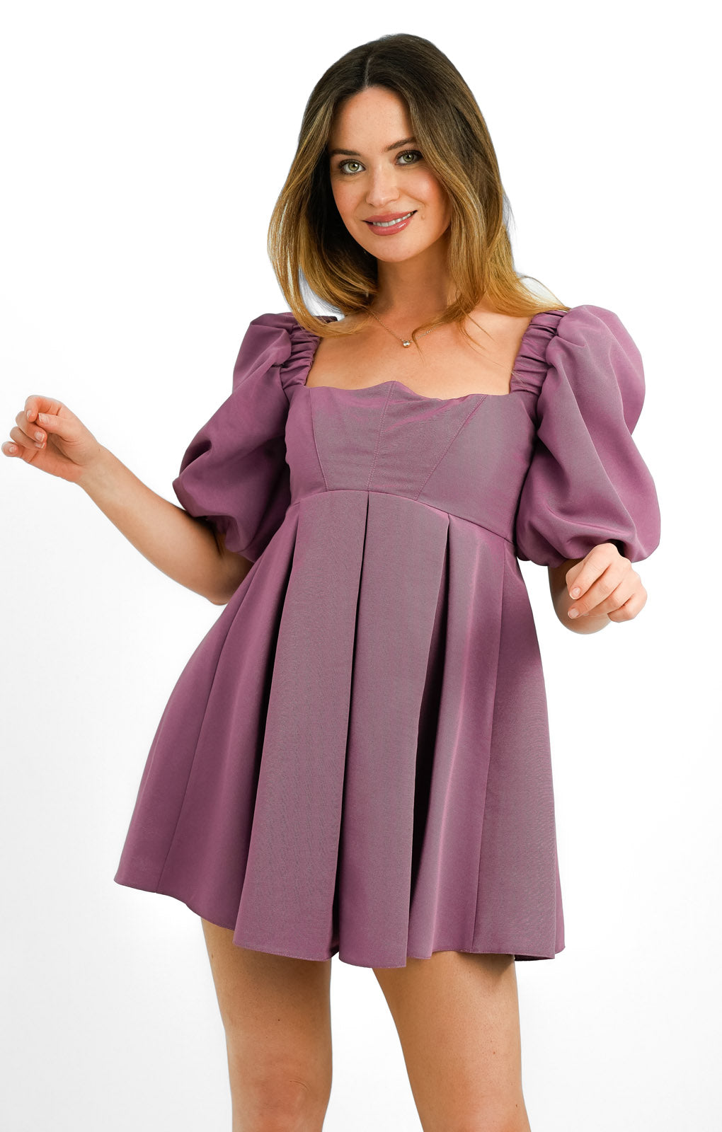 ASOS DESIGN Petite Structured Prom Mini Dress With Curved Neckline Detail In Mauve
