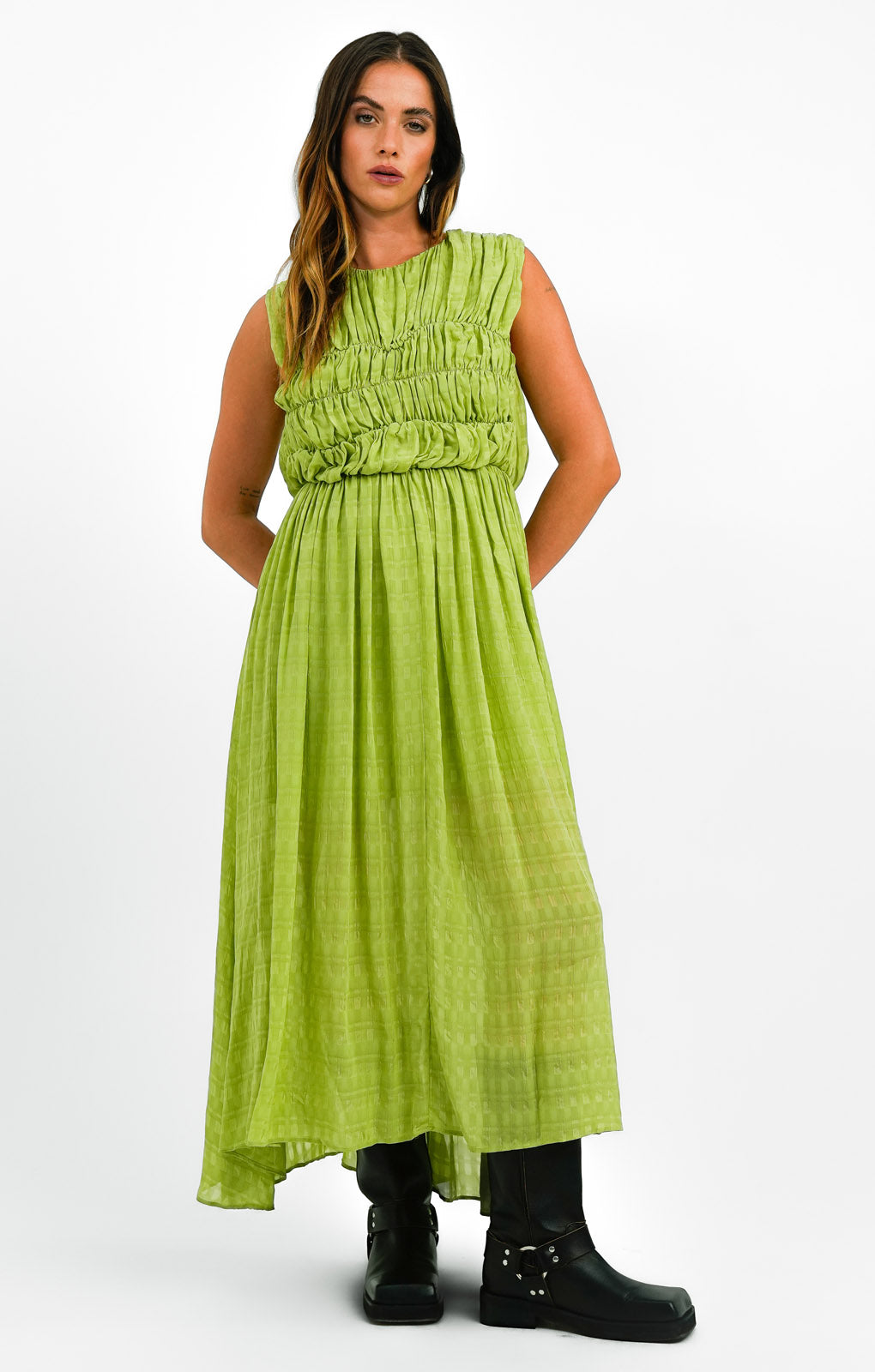 ASOS DESIGN Gathered Textured High Low Midi Dress In Pistachio