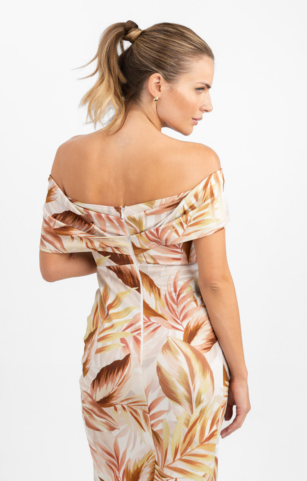 ASOS DESIGN Off The Shoulder Pleated Pencil Midi Dress In Desert Floral