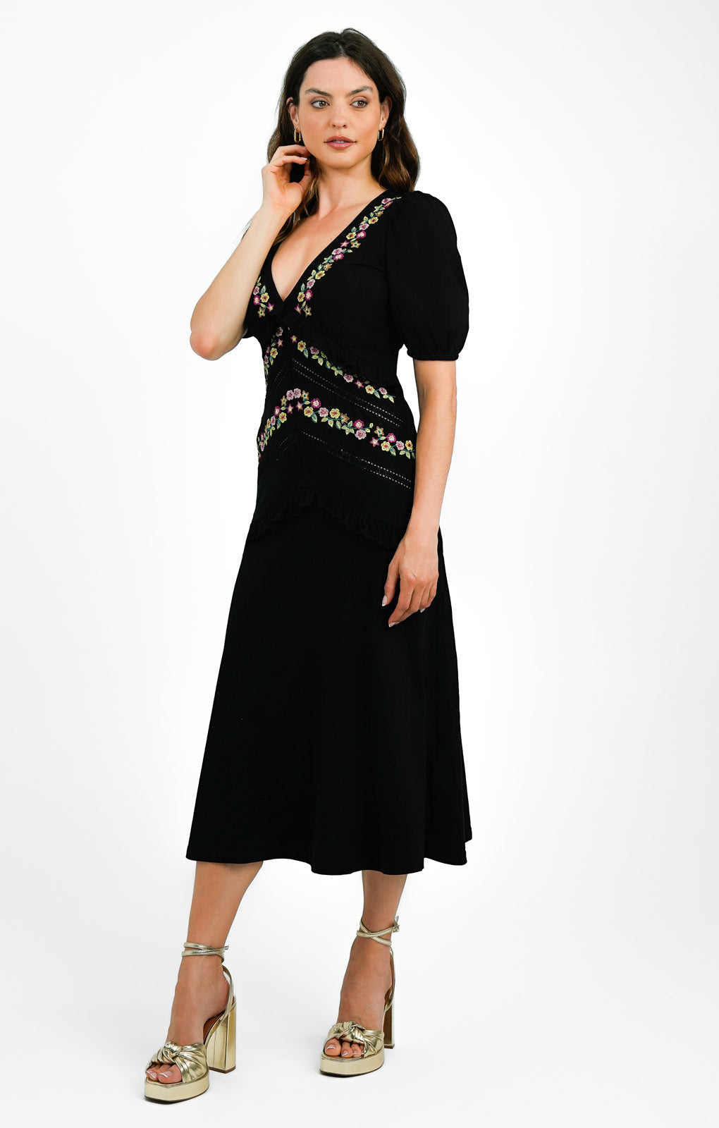 ASOS DESIGN V Neck Midi Dress With Frill Detail And Embroidery In Black