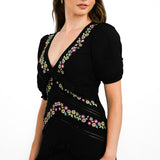 ASOS DESIGN V Neck Midi Dress With Frill Detail And Embroidery In Black