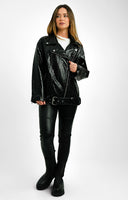 ASOS DESIGN Petite Faux Leather Croc Longline Biker Jacket In Black