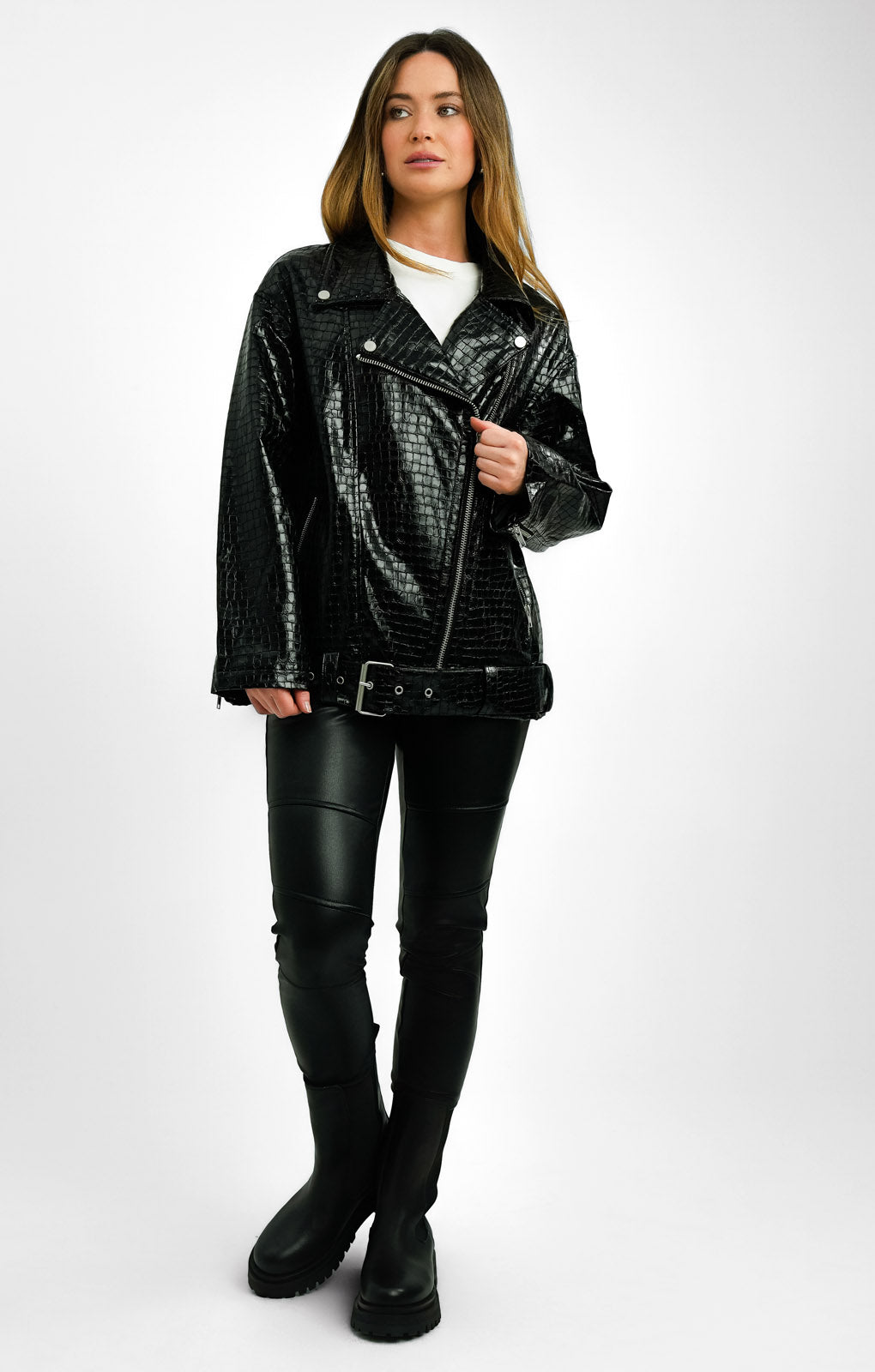 ASOS DESIGN Petite Faux Leather Croc Longline Biker Jacket In Black